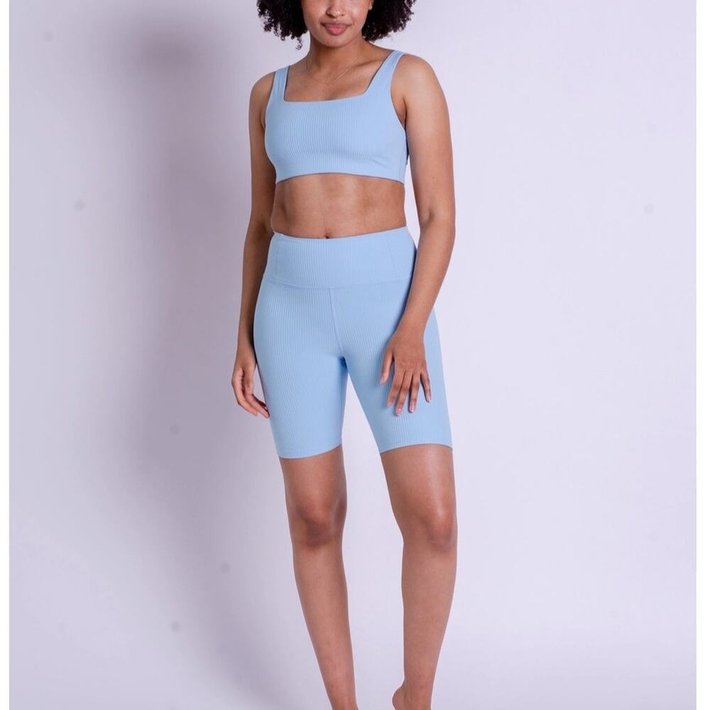 GIRLFRIEND COLLECTIVE Ribbed High Rise Bike Short Women Small Blue High Rise NEW